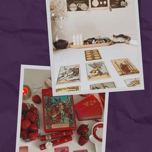 May include: Two photos on a purple background. The top photo shows tarot cards, crystals, candles, and vintage astronomy charts. The bottom photo displays tarot cards, strawberries, and a red tarot deck. The theme is mystical and spiritual.