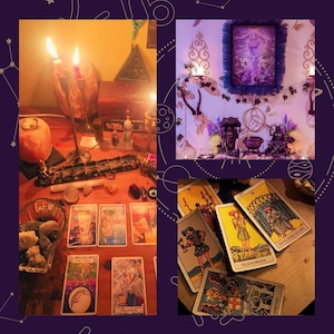 May include: A collage of images featuring a spiritual theme. One image shows lit candles, tarot cards, and crystals on a wooden table. Another displays a framed artwork with decorative elements. The third image shows tarot cards.