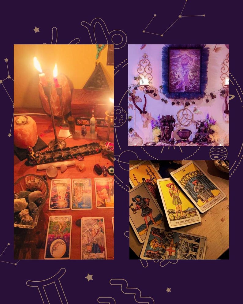 May include: A collage of images featuring a spiritual theme. One image shows lit candles, tarot cards, and crystals on a wooden table. Another displays a framed artwork with decorative elements. The third image shows tarot cards.