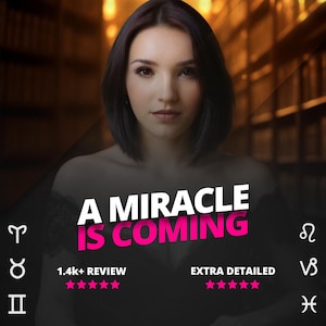 Könnte beinhalten: Eine Frau mit dunklem Haar und ernstem Gesichtsausdruck steht vor einem dunklen Hintergrund. Der Text "A MIRACLE IS COMING" ist in Pink und Weiß dargestellt. Tierkreiszeichen und Bewertungssterne sind ebenfalls sichtbar.