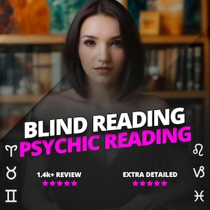Könnte beinhalten: Das Bild zeigt eine Frau mit dunklem Haar und ernstem Blick. Text-Overlay mit "BLIND READING" und "PSYCHIC READING" in Weiß und Pink. Sternzeichen-Symbole und Bewertungssterne sind ebenfalls vorhanden. Im Hintergrund Bücherregale.