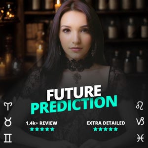May include: A woman with dark hair and a black lace top is centered in the image. The words "FUTURE PREDICTION" are in large white and teal letters. Zodiac symbols and star ratings are also visible.