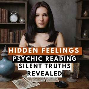 Könnte beinhalten: Eine Frau mit dunklem Haar und einem schwarzen Halsband ist im Bild zentriert. Der Text "HIDDEN FEELINGS PSYCHIC READING SILENT TRUTHS REVEALED" wird in einem Banner unten angezeigt. Tarotkarten liegen auf einem Holztisch.