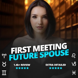以下が含まれることがあります： 短い黒髪の女性の画像。テキスト「FIRST MEETING FUTURE SPOUSE」が表示されています。 星座のシンボルとレビューの星も表示されています。 背景はぼやけた図書館です。