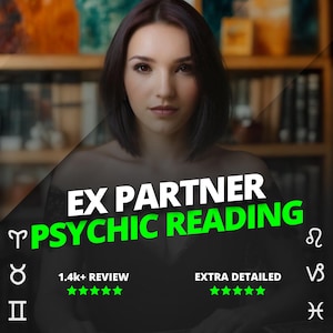 Könnte beinhalten: Das Bild zeigt eine Frau mit dunklem Haar, den grünen Text "EX PARTNER PSYCHIC READING" und astrologische Symbole. Der Text "1.4k+ REVIEW" und "EXTRA DETAILED" mit Sternbewertungen sind ebenfalls enthalten.