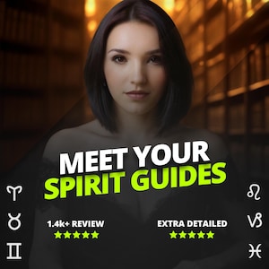 Puede incluir: Imagen que presenta a una mujer de cabello oscuro. El texto "MEET YOUR SPIRIT GUIDES" se muestra en blanco y verde. También hay símbolos del zodiaco y estrellas de calificación, lo que sugiere un tema espiritual o astrológico.