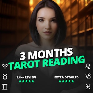 May include: Image featuring a woman with short dark hair, with the text "3 MONTHS TAROT READING" in green and white. Zodiac symbols and star ratings are also present, indicating reviews and detail level.