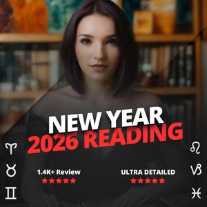 Op de afbeelding: Een vrouw met donker haar staat centraal in de afbeelding. Tekstoverlay: "NEW YEAR 2026 READING" in wit en rood. Sterrenbeeldsymbolen en beoordelingssterren zijn ook aanwezig.