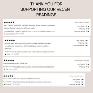 May include: A cream-colored graphic with the text "THANK YOU FOR SUPPORTING OUR RECENT READINGS" at the top. Below are customer reviews with star ratings and dates, praising the readings.
