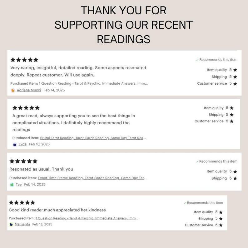 May include: A cream-colored graphic with the text "THANK YOU FOR SUPPORTING OUR RECENT READINGS" at the top. Below are customer reviews with star ratings and dates, praising the readings.