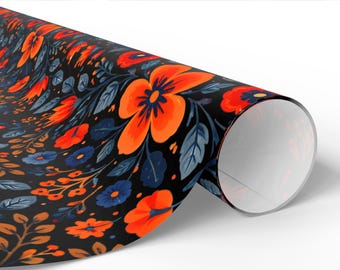 Dark Floral Wrapping Paper, Black Folk Floral Gift Wrap, Moody Scandinavian Flowers, Mid Century Modern Floral Wrap, All Occasion Gift Wrap