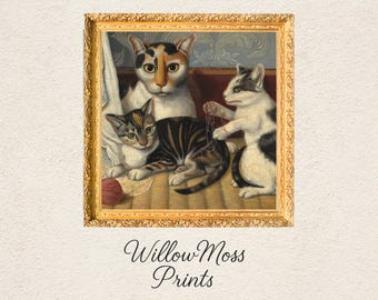 Cat and Kittens, Oil Painting, Digital Download, Old, Vintage, Antique, Unique, Print, Downloadable Art, 1800s, Cat painting, Kitten Art