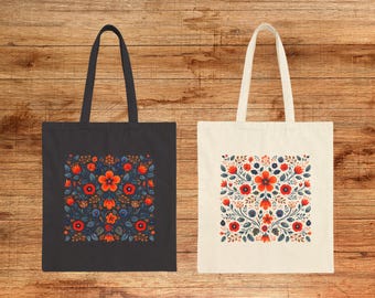 Folk Floral Pattern Tote Bag | Scandinavian Folk Art, Red Orange Blue Flowers | Mid Century Modern | Retro Botanical Market Bag Gift