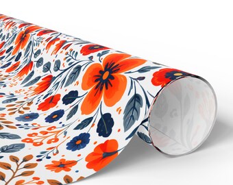 Folk Floral Wrapping Paper, Scandinavian Floral Gift Wrap, Modern Bridal Flowers, Retro Botanical, All Occasion, Valentines, Mothers Day