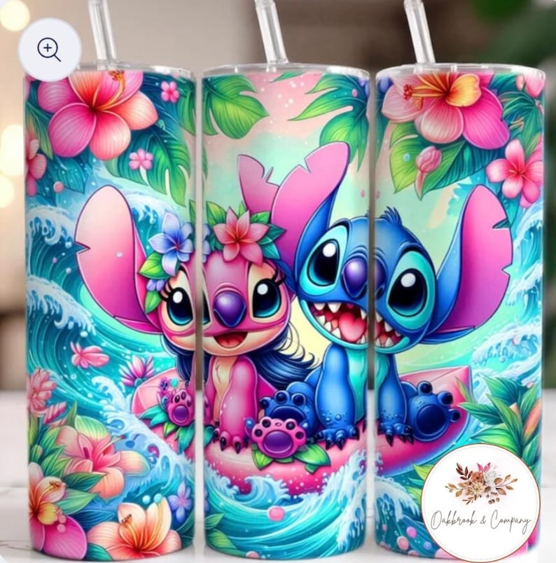 May include: A pink and blue cartoon character design on a white tumbler. The characters are riding a pink surfboard on a blue wave with pink flowers and green leaves. The text "Oakbrook & Company" is at the bottom of the tumbler.