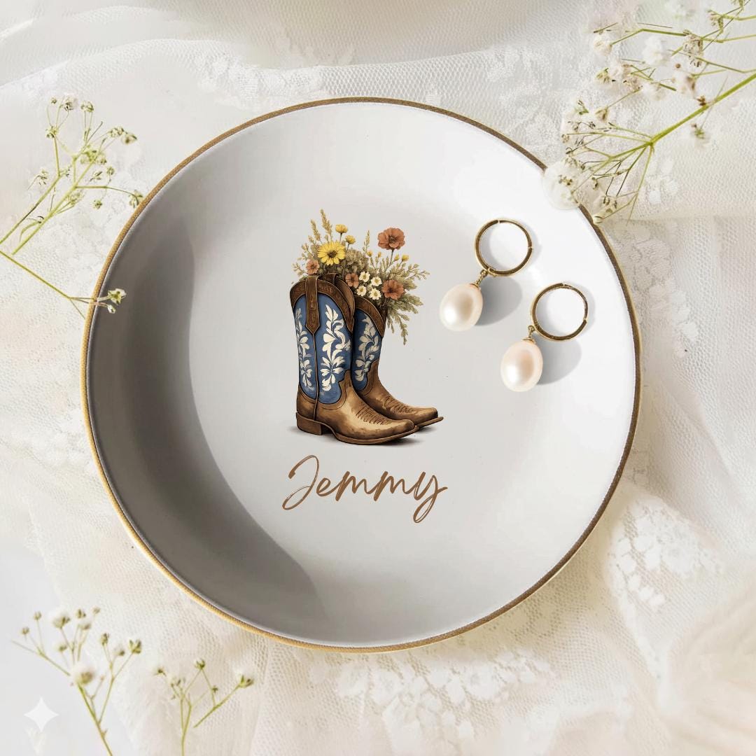 Personalized Cowgirl Boots Jewelry Dish, Floral Western Keepsake