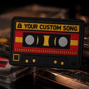 Op de afbeelding: Zwart rechthoekig embleem met een retro cassetteband ontwerp. De patch heeft rode, gouden en zwarte kleuren, met de tekst "A YOUR CUSTOM SONG" in gouden letters. Het cassettebandontwerp bevat zilveren en gouden details.