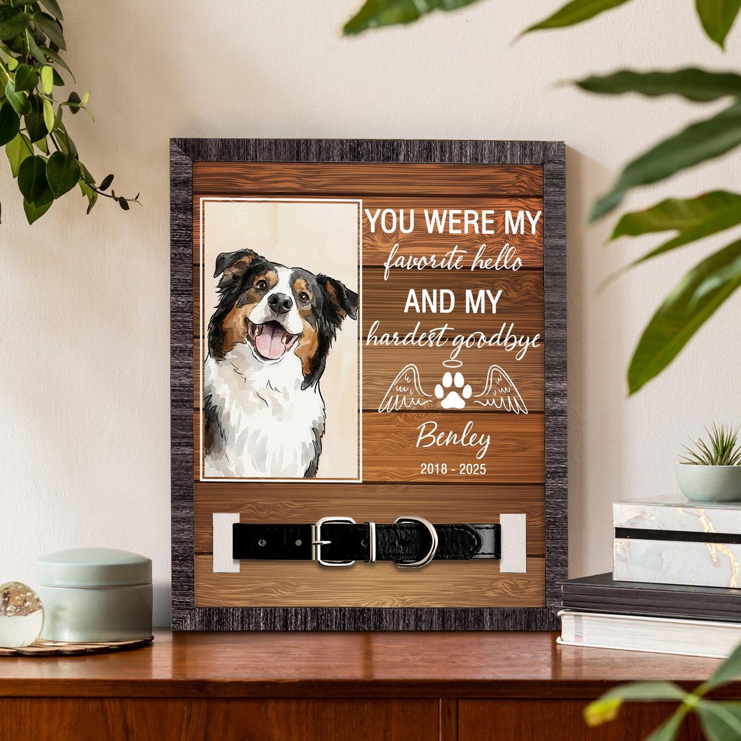Personalized Pet Memorial Frame With Collar Holder, Custom Dog Portrait ...