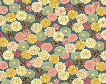 Japanese Fabric Colorful Chrysanthemum on Teal with Metallic Gold Cosmo