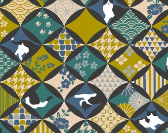 Japanese Fabric Hachiware Romance Tuxedo Cats and Traditional Japanese Prints Blue Green 1C