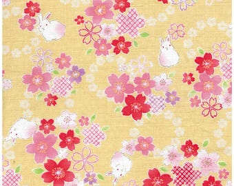 Kokka Rabbits and Sakura Cotton Dobby YGA-89040-1B Yellow Japanese Fabric