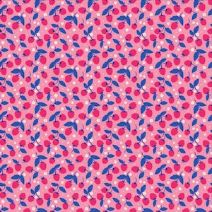 May include: A repeating pattern of pink raspberries with blue leaves and small white flowers on a pink background. The raspberries are a vibrant pink, and the leaves are a deep blue. The overall design is a cheerful and summery floral pattern.