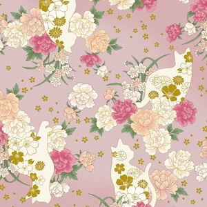 Japanese Fabric Quilt Gate Hyakka Ryoran Animals & Flowers Pink 11B by Half Yard
