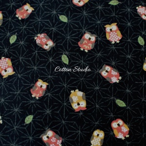 Japanese Fabric Owls Asanoha Hemp Flowers Black Clearance