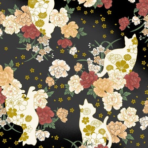 Japanese Fabric Quilt Gate Hyakka Ryoran Animals & Flowers Black 11F by Half Yard