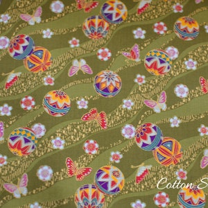 Japanese Fabric Temari Ball Butterfly Sakura on Green with Metallic Gold