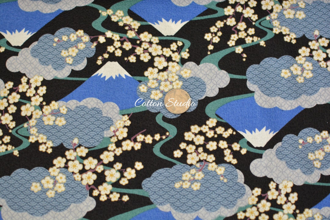 Japanese Fabric Floral Kimono Print Mt Fuji and Sakura Black Etsy
