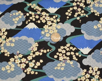 Japanese Fabric Floral Kimono Print Mt Fuji and Sakura Black