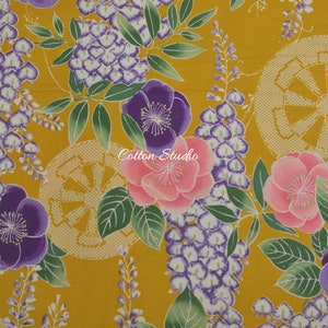 Japanese Fabric Kimono Print Kokka Classic Japan Wisteria Flowers Mustard Yellow