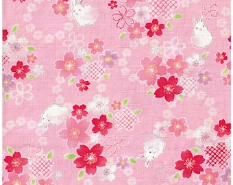 Kokka Rabbits and Sakura Cotton Dobby YGA-89040-1A Pink Japanese Fabric