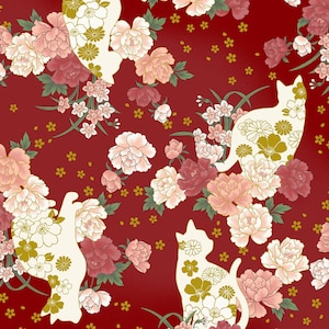 Japanese Fabric Quilt Gate Hyakka Ryoran Animals & Flowers Dark Red 11D by Half Yard