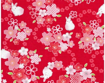 Kokka Rabbits and Sakura Cotton Dobby YGA-89040-1C Red Japanese Fabric