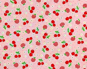 Japanese Fabric Happy Message 30's Cherries in Pink