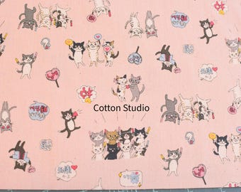 Kokka Funny Cats Pink Kawaii Japanese Fabric