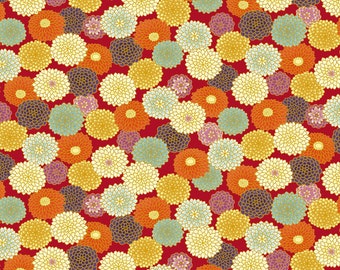 Japanese Fabric Colorful Chrysanthemum on Red with Metallic Gold Cosmo