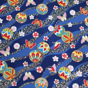 Japanese Fabric Temari Ball Butterfly Sakura on Blue with Metallic Gold