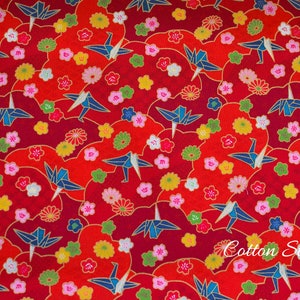 Japanese Fabric Paper Cranes Sakura Kiku on Red with Metallic Gold