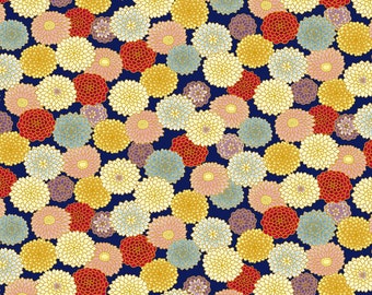 Japanese Fabric Colorful Chrysanthemum on Navy Blue with Metallic Gold Cosmo