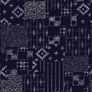 May include: A seamless pattern with a white geometric design on a dark blue background. The pattern is made up of squares, diamonds, and lines.