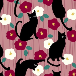 Japanese Fabric Tsubaki and Cat Camellia Pink