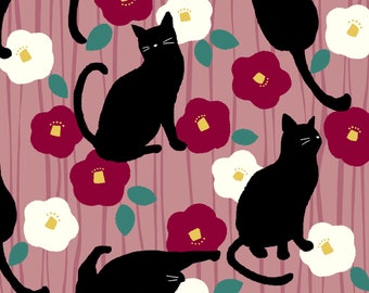 Japanese Fabric Tsubaki and Cat Camellia Pink