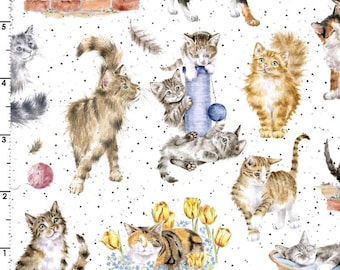 以下が含まれることがあります： 白い背景に、水彩画で描かれた猫のイラストが繰り返しパターンで描かれています。猫は茶色、黒、白、オレンジ、三毛猫です。糸で遊んでいる猫もいれば、寝ている猫や座っている猫もいます。