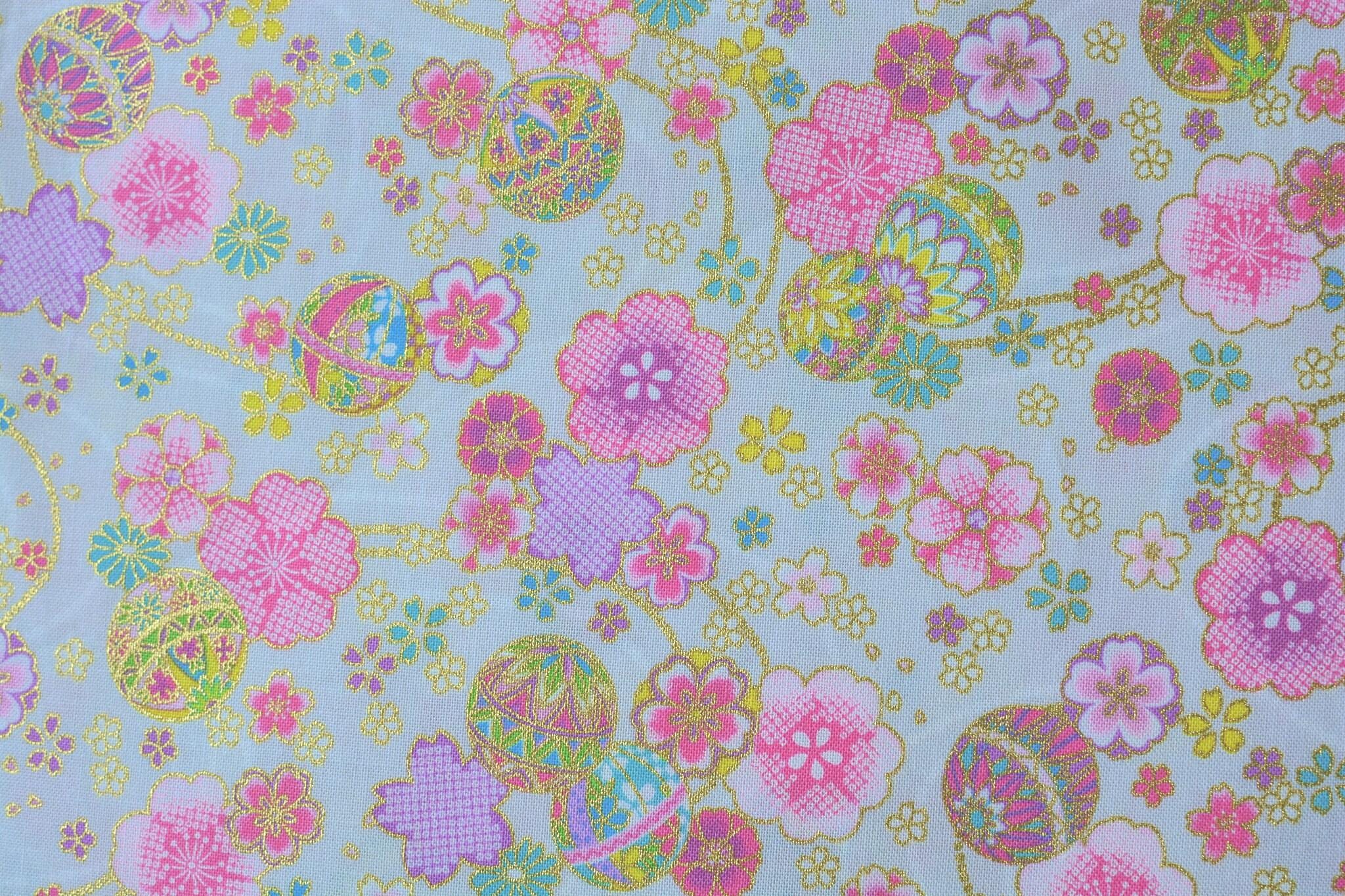 Kimono inspired Japanese Fabric Temari Ball Butterfly Sakura on Off White with Metallic Gold Accent
