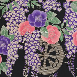 Japanese Fabric Kimono Print Kokka Classic Japan Wisteria Flowers Black