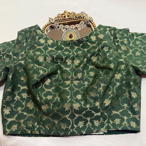 Forest Green Chanderi Semi Silk  Brocade Blouse with Gold weaving