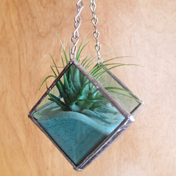 Turquoise Stained Glass Beveled Diamond Shaped Hanging Planter for Air Plants